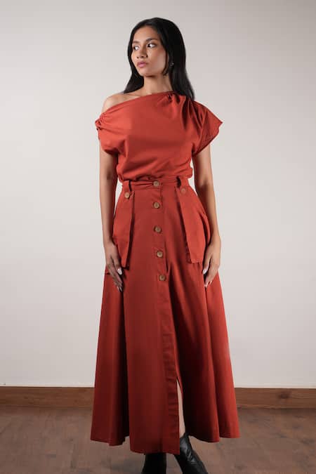 Buy MATI_1 Orange Cotton One Shoulder Solid Top With Skirt Online at Aza Fashions Buy_MATI_1_Orange Cotton One Shoulder Solid Top With Skirt _Online_at_Aza_Fashions