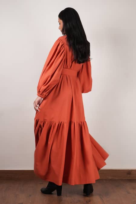 Shop MATI_1 Orange Cotton Collared Solid Tiered Dress at Aza Fashions Shop_MATI_1_Orange Cotton Collared Solid Tiered Dress _at_Aza_Fashions