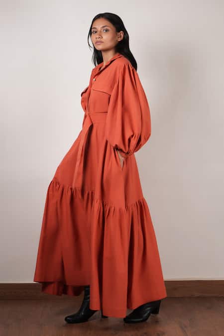 MATI_1 Orange Cotton Collared Solid Tiered Dress Online at Aza Fashions MATI_1_Orange Cotton Collared Solid Tiered Dress _Online_at_Aza_Fashions