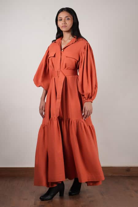 Buy MATI_1 Orange Cotton Collared Solid Tiered Dress Online at Aza Fashions Buy_MATI_1_Orange Cotton Collared Solid Tiered Dress _Online_at_Aza_Fashions