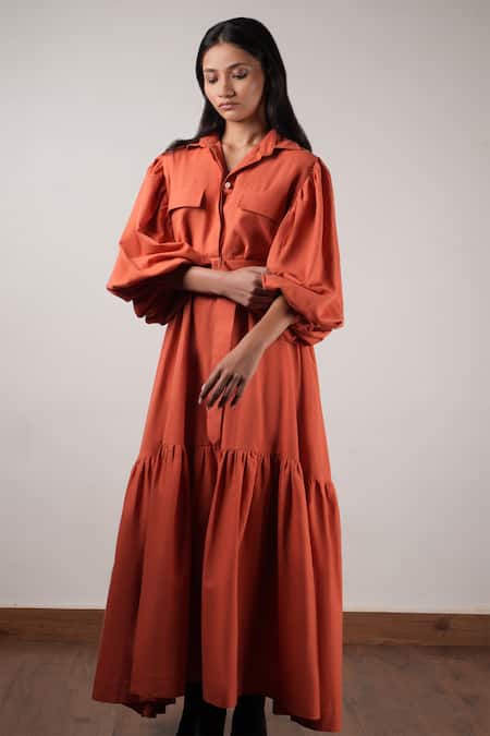 Shop MATI_1 Orange Cotton Collared Solid Tiered Dress Online at Aza Fashions Shop_MATI_1_Orange Cotton Collared Solid Tiered Dress _Online_at_Aza_Fashions