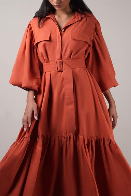 MATI_1 Orange Cotton Collared Solid Tiered Dress at Aza Fashions MATI_1_Orange Cotton Collared Solid Tiered Dress _at_Aza_Fashions