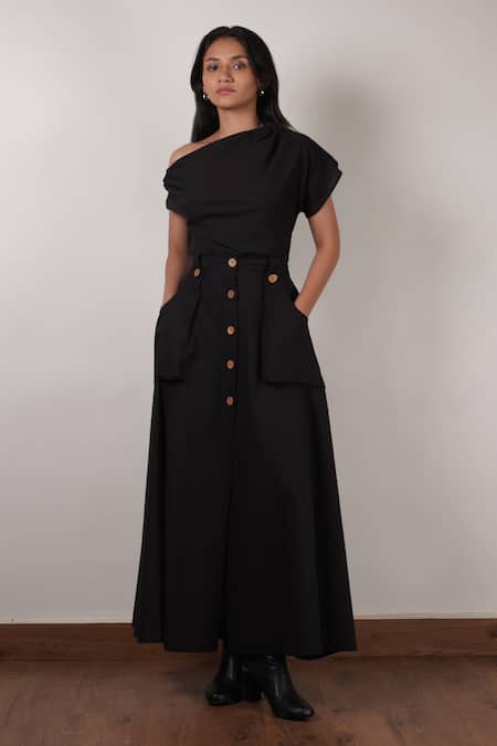 Mati Black Cotton Button-down Solid Skirt 