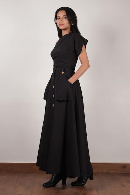 MATI_1 Black Cotton Button-down Solid Skirt Online at Aza Fashions MATI_1_Black Cotton Button-down Solid Skirt _Online_at_Aza_Fashions