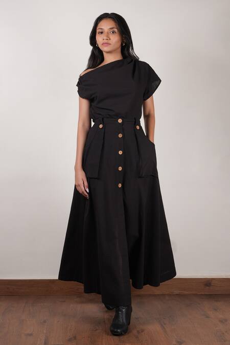 Buy MATI_1 Black Cotton Button-down Solid Skirt Online at Aza Fashions Buy_MATI_1_Black Cotton Button-down Solid Skirt _Online_at_Aza_Fashions