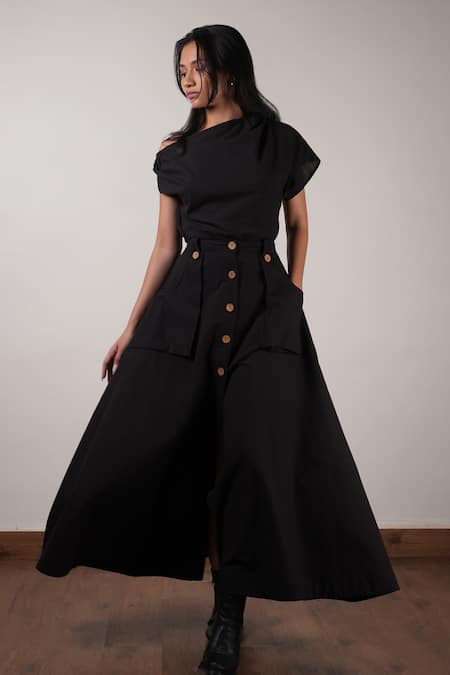 Shop MATI_1 Black Cotton Button-down Solid Skirt Online at Aza Fashions Shop_MATI_1_Black Cotton Button-down Solid Skirt _Online_at_Aza_Fashions