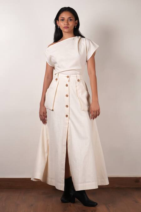 MATI_1 Off White Cotton Solid Button-down Skirt Online at Aza Fashions MATI_1_Off White Cotton Solid Button-down Skirt _Online_at_Aza_Fashions