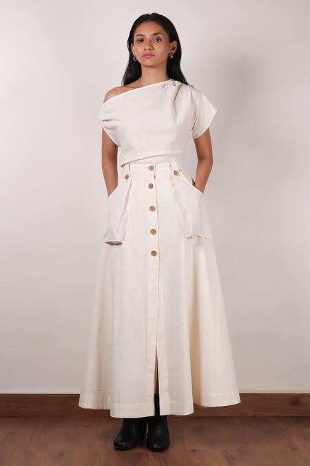 Buy MATI_1 Off White Cotton Solid Button-down Skirt Buy_MATI_1_Off White Cotton Solid Button-down Skirt