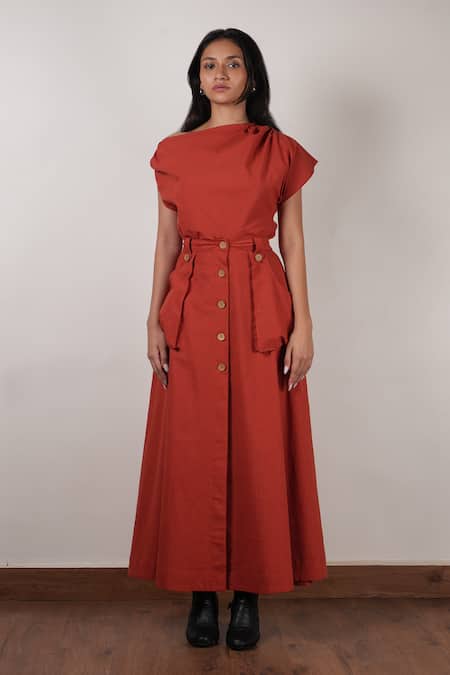 Mati_Orange Cotton Plain Button-down Skirt _Online_at_Aza_Fashions