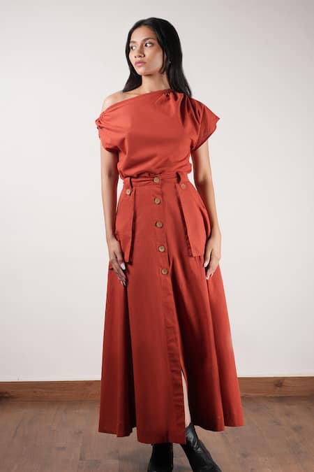 Buy_Mati_Orange Cotton Plain Button-down Skirt _Online_at_Aza_Fashions