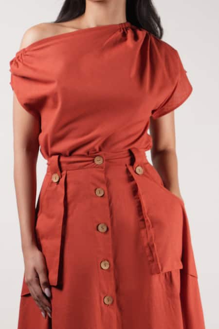 Shop_Mati_Orange Cotton Plain Button-down Skirt _Online_at_Aza_Fashions