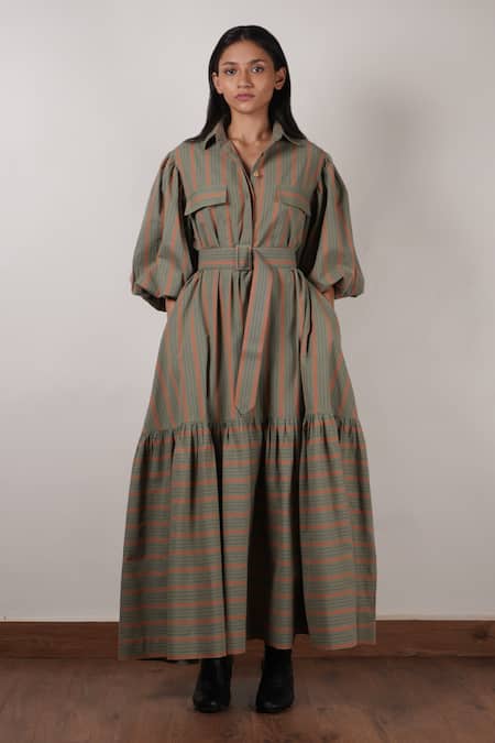 MATI Green Cotton Solid Shirt Collar Tiered Dress 