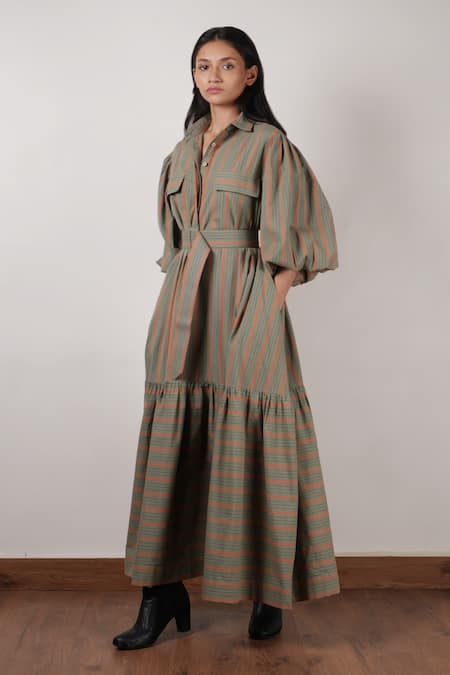 Mati_Green Cotton Collared Tiered Solid Dress _Online_at_Aza_Fashions