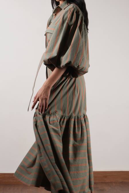Buy_Mati_Green Cotton Collared Tiered Solid Dress _Online_at_Aza_Fashions