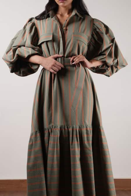 Shop_Mati_Green Cotton Collared Tiered Solid Dress _Online_at_Aza_Fashions