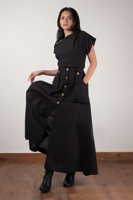 Shop_MATI_Black Cotton Asymmetric One Shoulder Top With Skirt _Online_at_Aza_Fashions