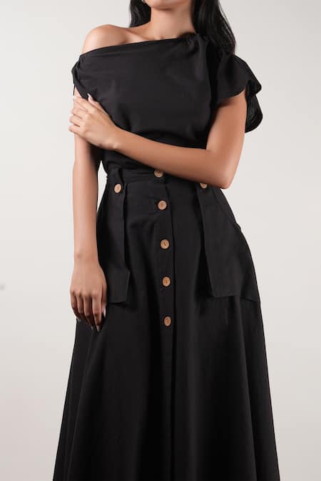 MATI_Black Cotton Asymmetric One Shoulder Top With Skirt _at_Aza_Fashions