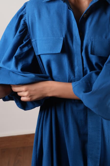 Buy_MATI_Blue Cotton Fabric Flowers Collared Pocket Detailed Dress _Online_at_Aza_Fashions