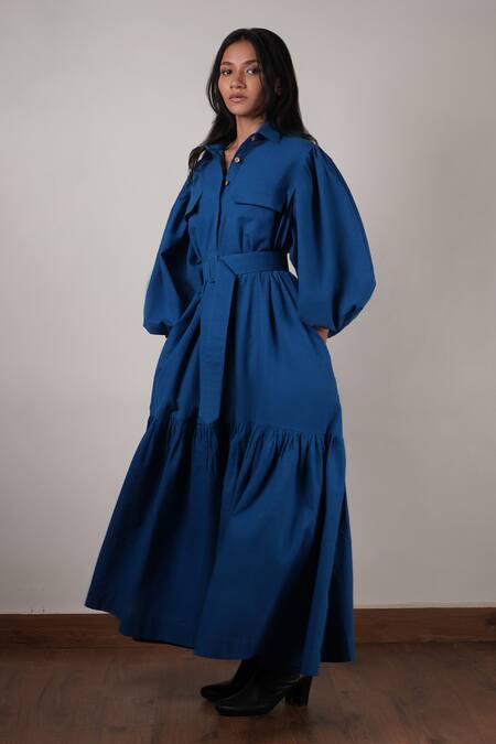 Shop_MATI_Blue Cotton Fabric Flowers Collared Pocket Detailed Dress _Online_at_Aza_Fashions