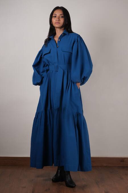 MATI_Blue Cotton Fabric Flowers Collared Pocket Detailed Dress _at_Aza_Fashions