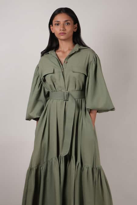 MATI_Green Cotton Collared Pocket Detailed Midi Dress _Online_at_Aza_Fashions