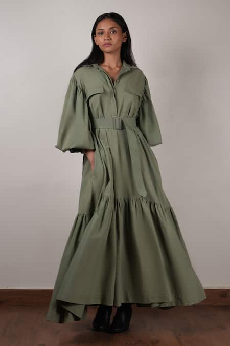 Buy_MATI_Green Cotton Collared Pocket Detailed Midi Dress _Online_at_Aza_Fashions