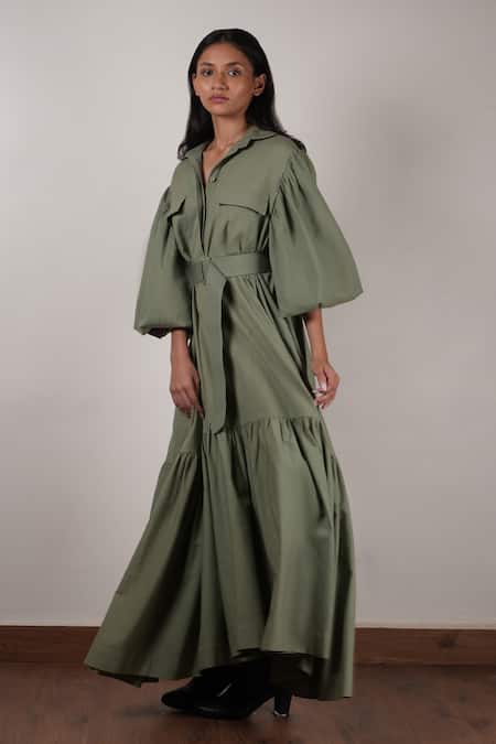 Shop_MATI_Green Cotton Collared Pocket Detailed Midi Dress _Online_at_Aza_Fashions