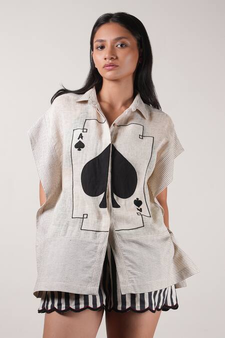 MATI_1_Cream Cotton, Linen Embroidery Collared Card Kaftan Shirt With Shorts _Online_at_Aza_Fashions