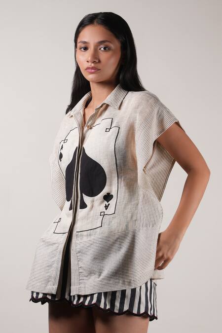 MATI_1_Cream Cotton, Linen Embroidery Collared Card Kaftan Shirt With Shorts _at_Aza_Fashions