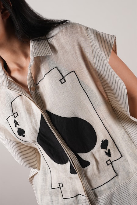 MATI_1_Cream Cotton, Linen Embroidery Collared Card Kaftan Shirt _Online_at_Aza_Fashions