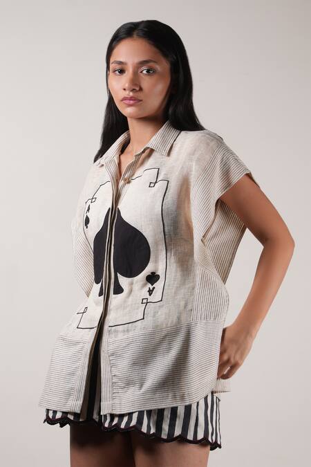 Shop_MATI_1_Cream Cotton, Linen Embroidery Collared Card Kaftan Shirt _Online_at_Aza_Fashions