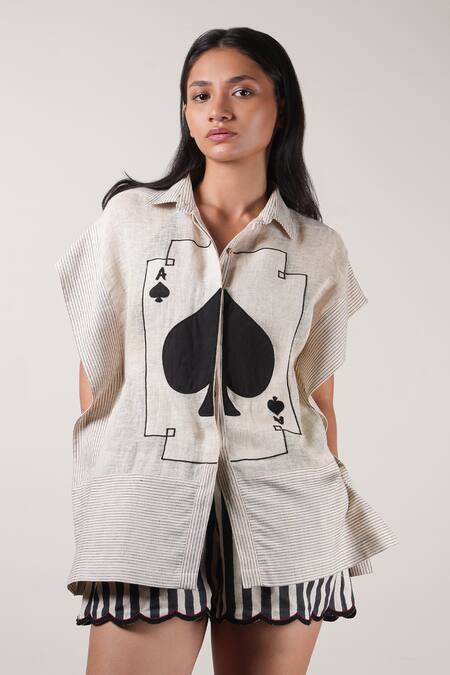 MATI_1_Cream Cotton, Linen Embroidery Collared Card Kaftan Shirt _at_Aza_Fashions