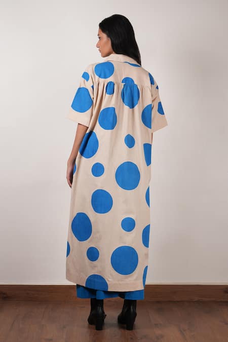 Shop MATI_1 Beige Cotton Collared Polka Dot Hand Block Printed Tunic With Pant at Aza Fashions Shop_MATI_1_Beige Cotton Collared Polka Dot Hand Block Printed Tunic With Pant _at_Aza_Fashions