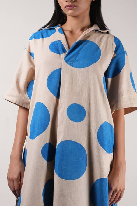MATI_1 Beige Cotton Collared Polka Dot Hand Block Printed Tunic With Pant Online at Aza Fashions MATI_1_Beige Cotton Collared Polka Dot Hand Block Printed Tunic With Pant _Online_at_Aza_Fashions
