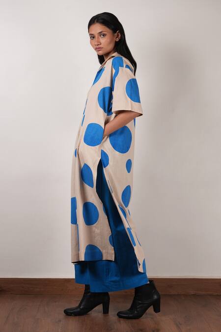 Buy MATI_1 Beige Cotton Collared Polka Dot Hand Block Printed Tunic With Pant Online at Aza Fashions Buy_MATI_1_Beige Cotton Collared Polka Dot Hand Block Printed Tunic With Pant _Online_at_Aza_Fashions