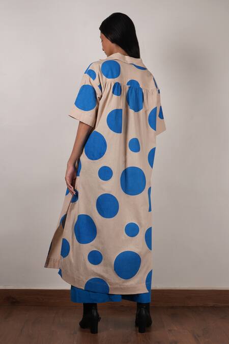 Shop MATI_1 Beige Cotton Collared Polka Dot Hand Block Printed Tunic With Pant Online at Aza Fashions Shop_MATI_1_Beige Cotton Collared Polka Dot Hand Block Printed Tunic With Pant _Online_at_Aza_Fashions