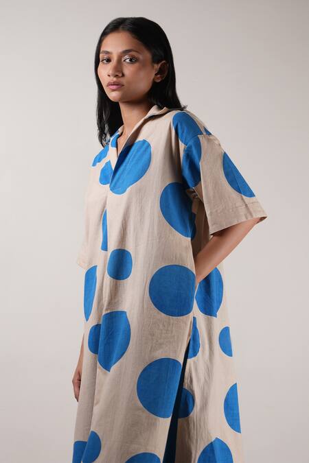 Buy MATI_1 Beige Cotton Collared Polka Dot Hand Block Printed Tunic With Pant Buy_MATI_1_Beige Cotton Collared Polka Dot Hand Block Printed Tunic With Pant