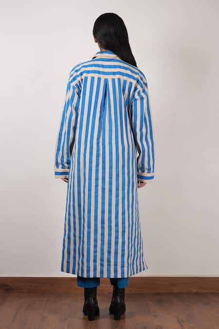 Shop MATI_1 Beige Cotton Collared Stripe Block Printed Tunic With Pant at Aza Fashions Shop_MATI_1_Beige Cotton Collared Stripe Block Printed Tunic With Pant _at_Aza_Fashions