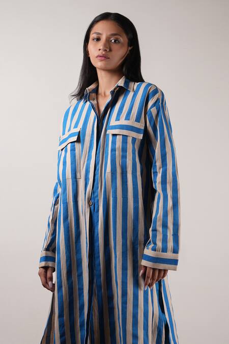 MATI_1 Beige Cotton Collared Stripe Block Printed Tunic With Pant Online at Aza Fashions MATI_1_Beige Cotton Collared Stripe Block Printed Tunic With Pant _Online_at_Aza_Fashions