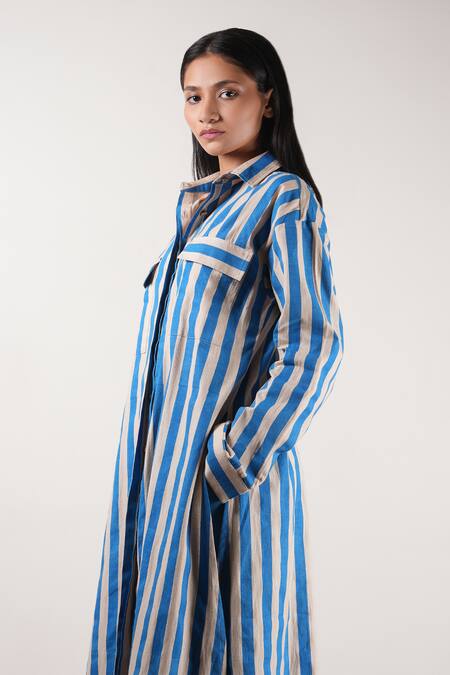 Buy MATI_1 Beige Cotton Collared Stripe Block Printed Tunic With Pant Online at Aza Fashions Buy_MATI_1_Beige Cotton Collared Stripe Block Printed Tunic With Pant _Online_at_Aza_Fashions