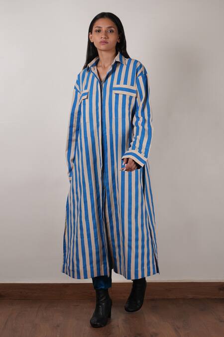 Shop MATI_1 Beige Cotton Collared Stripe Block Printed Tunic With Pant Online at Aza Fashions Shop_MATI_1_Beige Cotton Collared Stripe Block Printed Tunic With Pant _Online_at_Aza_Fashions