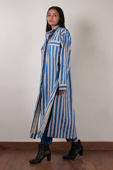 MATI_1 Beige Cotton Collared Stripe Block Printed Tunic With Pant at Aza Fashions MATI_1_Beige Cotton Collared Stripe Block Printed Tunic With Pant _at_Aza_Fashions