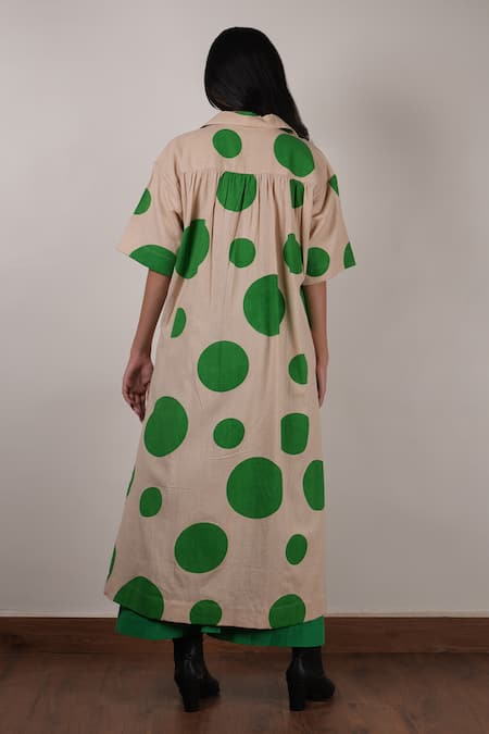 Shop MATI_1 Beige Cotton Collared Polka Dot Hand Block Printed Tunic And Pant Set at Aza Fashions Shop_MATI_1_Beige Cotton Collared Polka Dot Hand Block Printed Tunic And Pant Set _at_Aza_Fashions