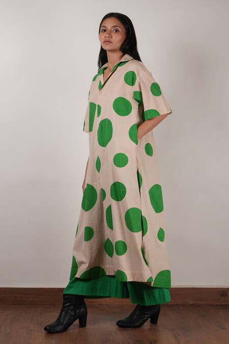 MATI_1 Beige Cotton Collared Polka Dot Hand Block Printed Tunic And Pant Set Online at Aza Fashions MATI_1_Beige Cotton Collared Polka Dot Hand Block Printed Tunic And Pant Set _Online_at_Aza_Fashions