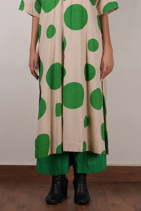 Buy MATI_1 Beige Cotton Collared Polka Dot Hand Block Printed Tunic And Pant Set Online at Aza Fashions Buy_MATI_1_Beige Cotton Collared Polka Dot Hand Block Printed Tunic And Pant Set _Online_at_Aza_Fashions