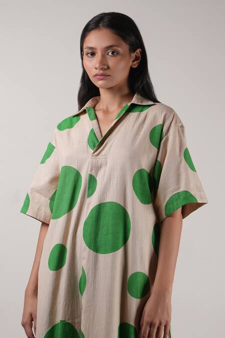 Shop MATI_1 Beige Cotton Collared Polka Dot Hand Block Printed Tunic And Pant Set Online at Aza Fashions Shop_MATI_1_Beige Cotton Collared Polka Dot Hand Block Printed Tunic And Pant Set _Online_at_Aza_Fashions