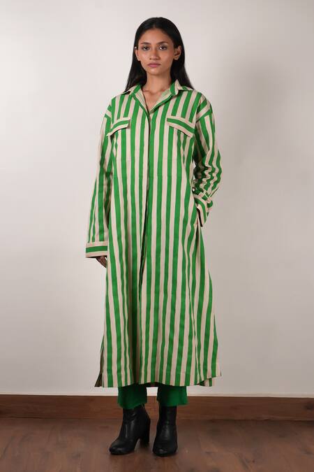 Mati_Beige Cotton Collared Stripe Block Printed Tunic And Pant Set _Online_at_Aza_Fashions