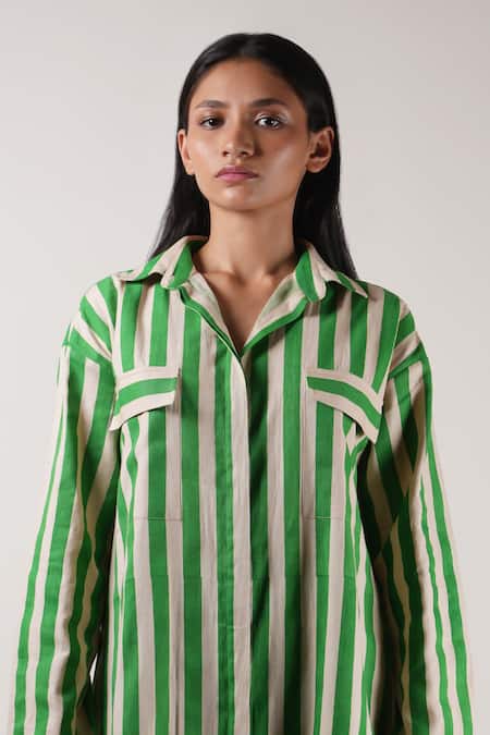 Mati_Beige Cotton Collared Stripe Block Printed Tunic And Pant Set _at_Aza_Fashions