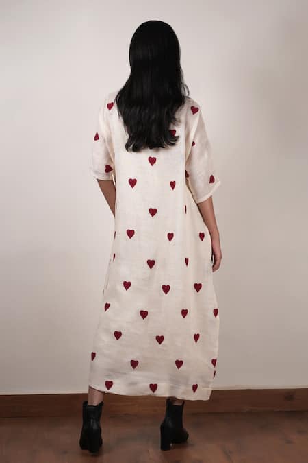 Shop MATI_1 Off White Linen Embroidery Round Neck Hand Shift Dress at Aza Fashions Shop_MATI_1_Off White Linen Embroidery Round Neck Hand Shift Dress _at_Aza_Fashions