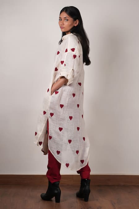 Shop_Mati_Off White Cotton, Linen Embroidery Collared, Round Hand Long Shirt Pant Set _at_Aza_Fashions